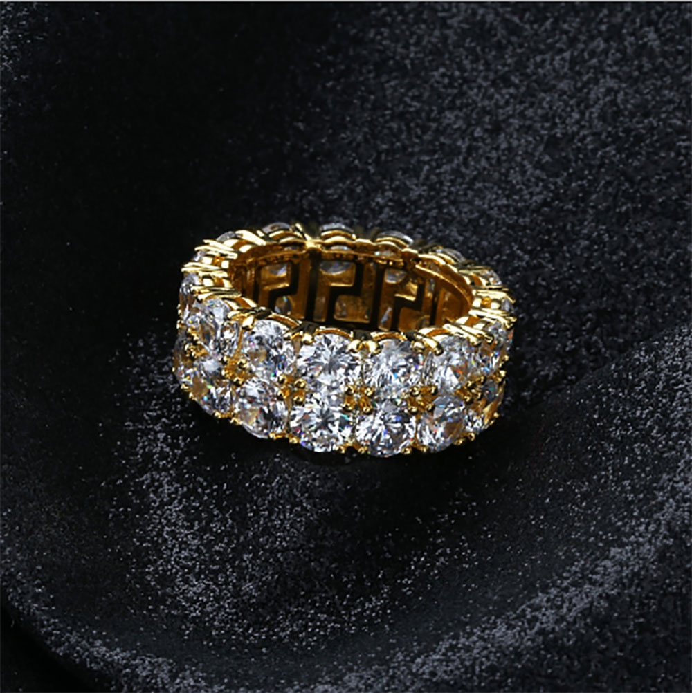 Mens 2 Row Iced Out 360 Eternity Bling Rings Micro Pave Cubic Zirconia Gold Plated Silated Dias Hip hop Ring with gift Free shipping