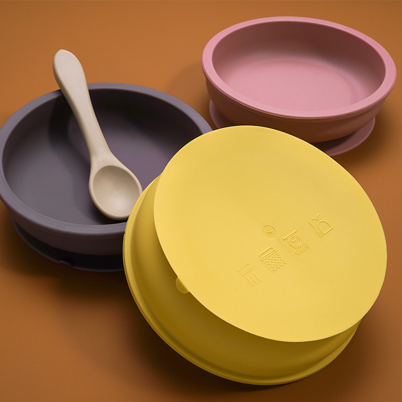 Solid Colour Kids Tableware Set Portable Baby Silicone Plate Bowl Toddler Feeding Sucker Infant Dishs With Silica Gel Spoon LJ201221