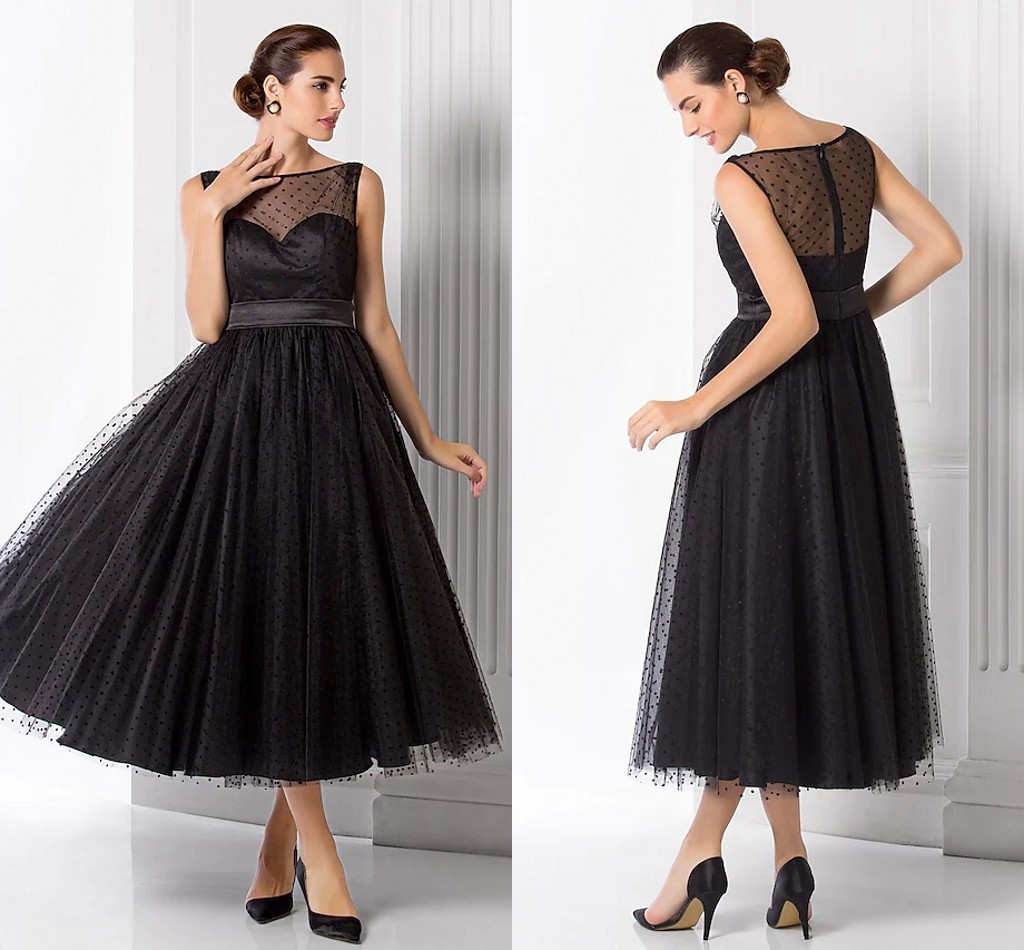 2022 A-Line Vintage Black Engagement Formal Evening Dress Illusion Neck Sleeveless Tea Length Dot Tulle Prom Party Gokwn Vestido De Fiesta robe de soi