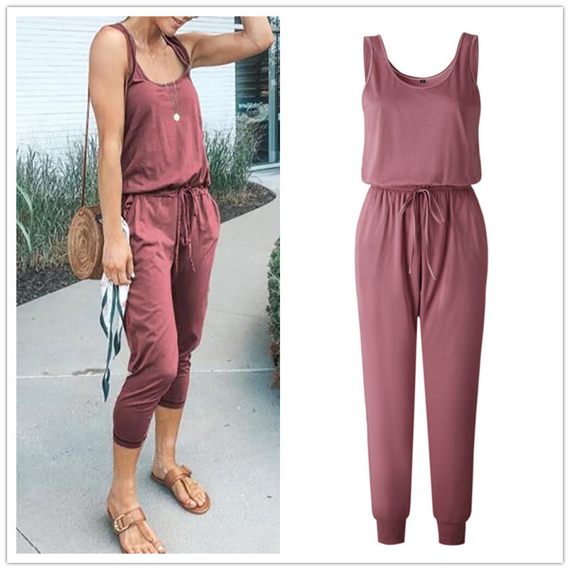 New Arrival Sexy Off Shoulder Sleeveless Lace Up Belts Jumpsuits Summer Women Solid Casual Pockets Long Rompers Women Jumpsuits 201007