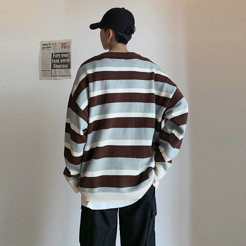 Pullover Striped Sweater Oversized Mens Knitted Men Sweaters Hip Hop Harajuku Korean Casual Black Sweater Men Clothing 201203