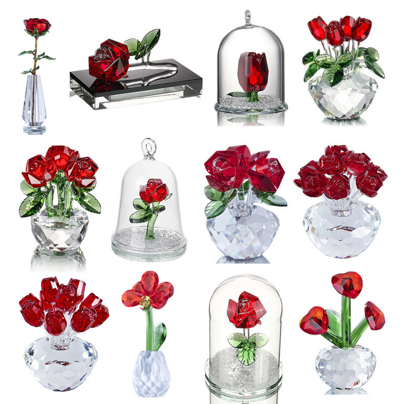 H&D 12 Styles Crystal Red Flower Figurines Spring Bouquet Sculpture Ornament Souvenir Collectible Gift Home Decor Wedding Favors T200710