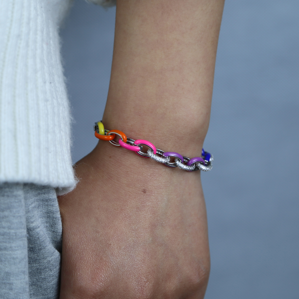 2021 New Arrived Fashion Women Jewelry Micro Pave CZ Neon Enamel 8MM Rolo Link Chain Bracelet