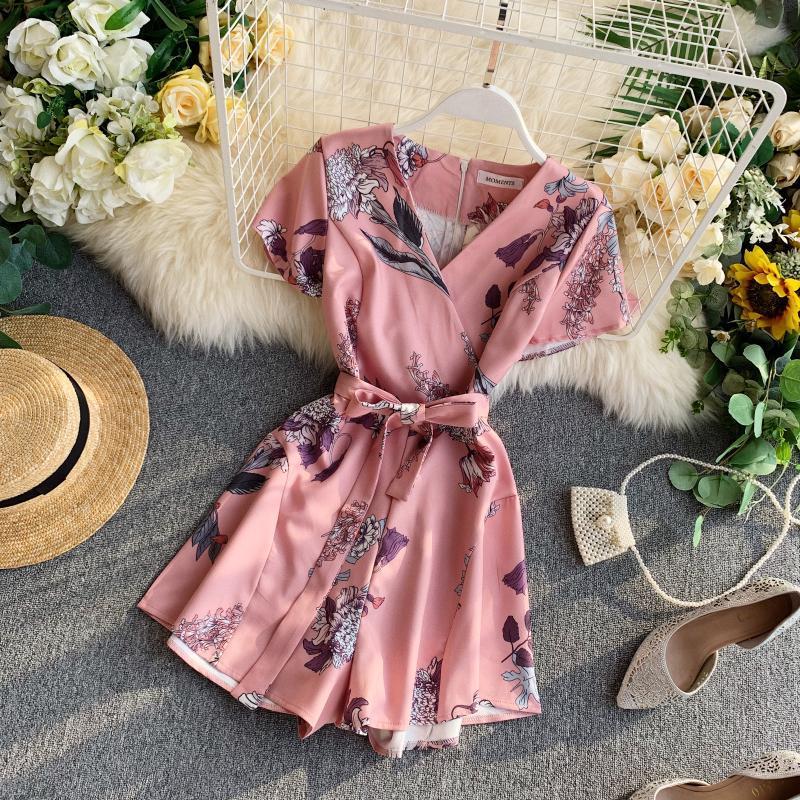 Vintage Boho slim floral print 2020 V Neck Jumpsuit Casual Sexy Women bandage rompers Short Summer Playsuit Beach Holiday Romper T200526