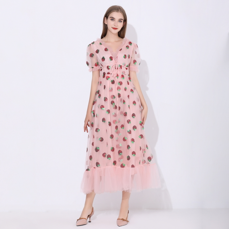 Sequins Strawberry Dress Women Elegant Long Dress V Neck Puff Sleeve Mesh Sexy Party Dresses Vintage Floral Dress Women Robe H1210