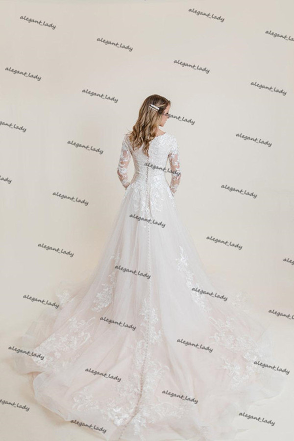 Lace Tulle Modest Wedding Dresses With Long Sleeves Sweetheart Neckline Buttons Back Country Western Bridal Gowns vestido de fiesta
