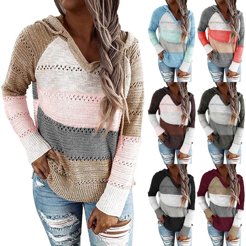 Knitted hooded sweater women' European and American long sleeve loose fashion color stripe stitching women' drawstring knitted, Khaki
Knitted hooded sweater women' European and American long sleeve loose fashion color stripe stitching women' drawstring knitted, Khaki