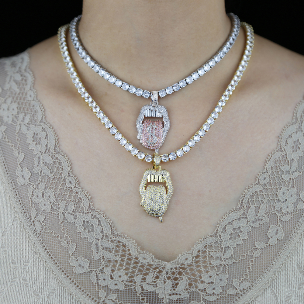 New All Hallows' Day Gift pendant Jewelry For Women Iced Out Bling CZ Tennis Chain Tongue Pendant Drip Dollar Lip Necklace