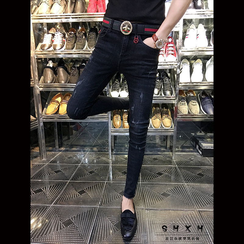 spring autumn skinny strech Casual ripped hole fashion black teenagers hip hop cowboy denim leg jeans men pencil pants 201128