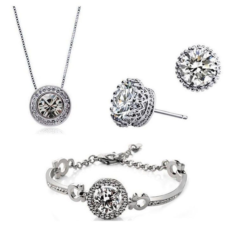 Fashion 18K Gold Silver Plated Zircon Jewelry Set for Women Austrain Crystal Necklace Earrings Bracelet Jewelry Sets Bridal Engagement Wedding Jewelry