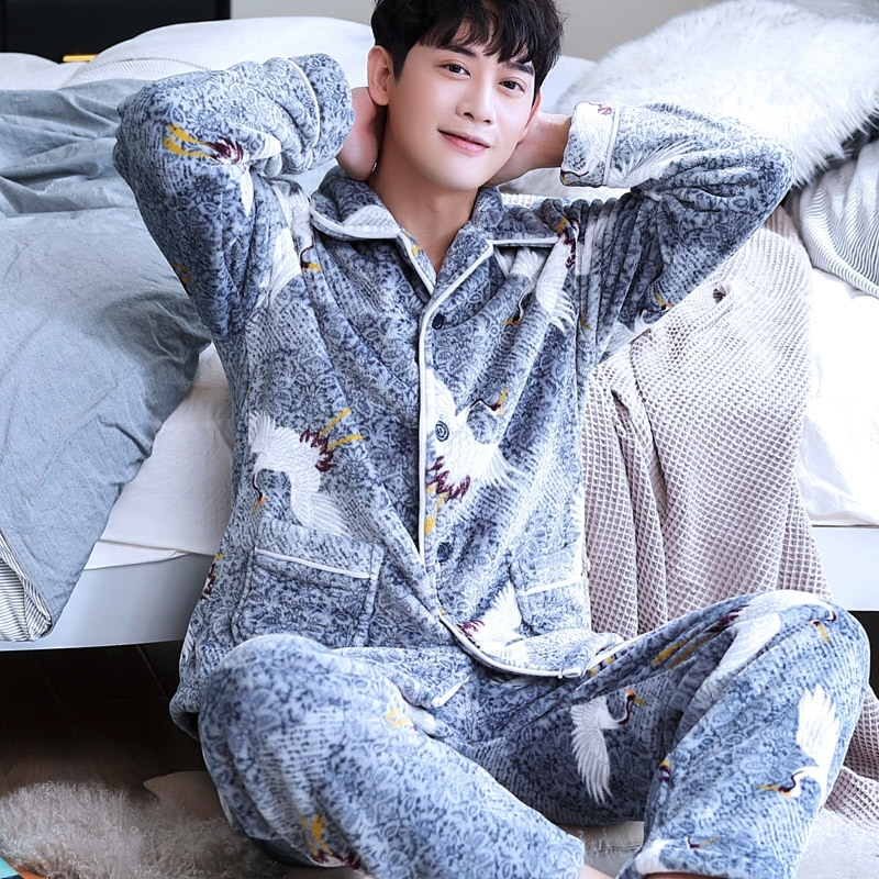 H5898 Sleepwear Young Men Pajamas Set Thick Flannel Cute Homewear Male Coral Velvet Large Size Long Sleeve Winter Warm Nightwear 201109