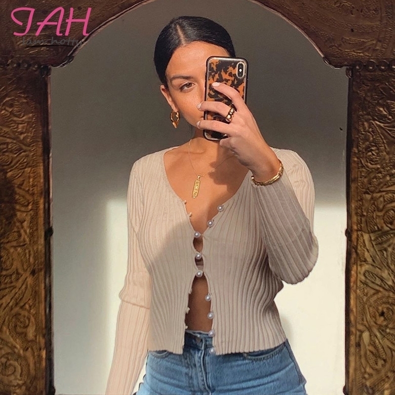 Iamhotty Beading Zip-Up Knitted T Shirt Woman V-Neck Skin Color Autumn Tshirts Casual Tees Long Sleeve Tee Shirts Basic 201028