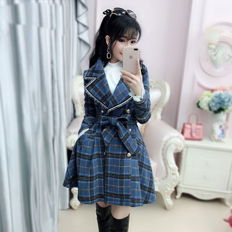 Women's Trench Coat Blue Plaid British Medium Long Woolen Coat Winter New Women Windbreaker 201211