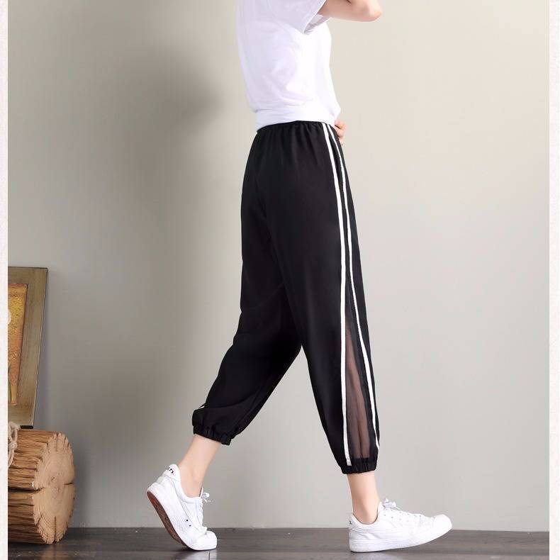 Black Joggers Side Striped Women's Harem Pants High Waist Lace cutout Summer Trousers For Women Casual Loose Sweatpants 5XL 201113