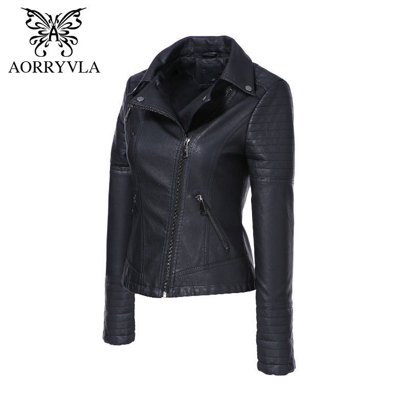 AORRYVLA New Spring Autumn Women's Moto Biker Zipper Jacket Turn Down Collar Black PU Faux Leather Jacket Slim Lady Basic Coat 201028