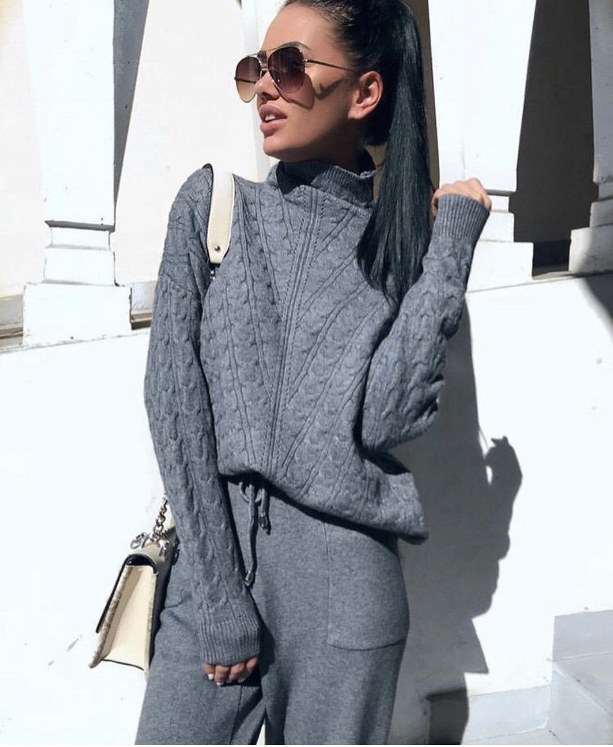 Autumn Winter Knitted Turtleneck Tracksuit For Women Casual Knitted Trousers+Turtleneck Sweater Women's Suit Warm Female Tracks 201029