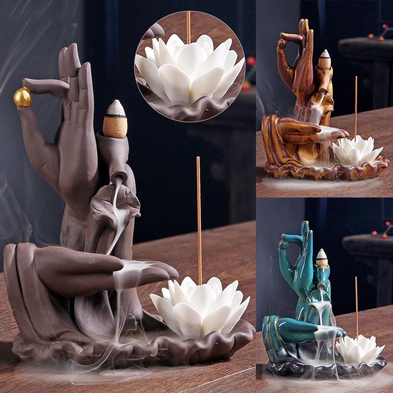 

Buddha Hand Incense Sticks Holder Lotus Backflow Incense Burner Purple Sand Smoke Waterfall Ceramic Censer Decorative Buddha
