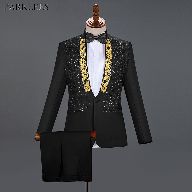 Red Men Suits for Wedding Gold Embroidered Diamond Groom Costume Mens Suits 2 Piece Party Prom Men Tuxedo Men Suit Set Masculino 201105