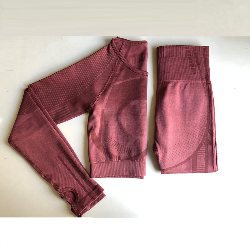 2 pcs sports sets geo seamless long sleeve crop top workout yoga set for women fitness gym suit high waist seamless leggin sets