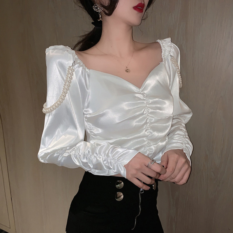 2021 Long-sleeved, Long-sleeved Female Shirts New Skinny Retro V-neck Solid Color Clubwear Tops Square Neck Pearls Shinpliny Blouse CKT4, White
2021 Long-sleeved, Long-sleeved Female Shirts New Skinny Retro V-neck Solid Color Clubwear Tops Square Neck Pearls Shinpliny Blouse CKT4, White