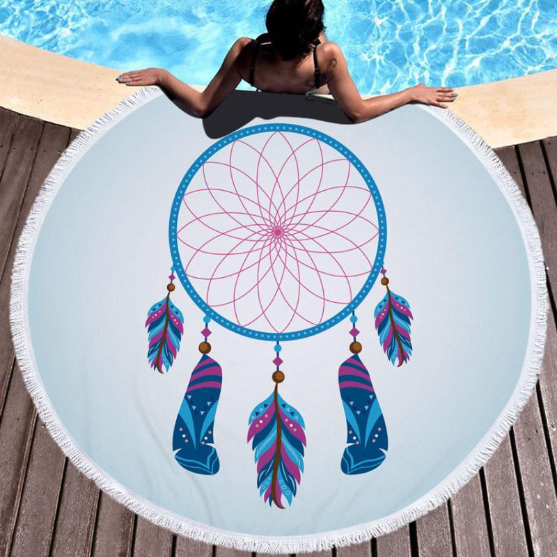 

Boho Dreamcatcher Microfiber Round Beach Towel Thick Shower Bath Towels Summer Swimming Circle Mat Towels 550g With Tassels, Pattern 14