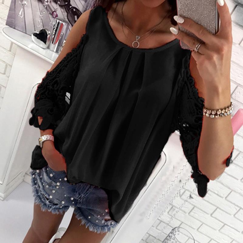 Women Blouse Shirt 2017 Summer Beach Casual Sexy Cold Shoulder Long Sleeves Hollow Out Ladies Mujer Tops Tee Ws1360y Y200930