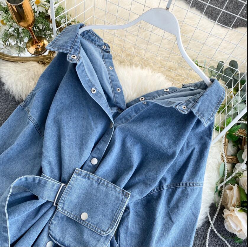Denim Shirt Women's Backless Lace-up Waist Bag Fashion Jeans Blouse Coat Ladies Streetwear Jean Blusa Femme Spring and Autumn T200321