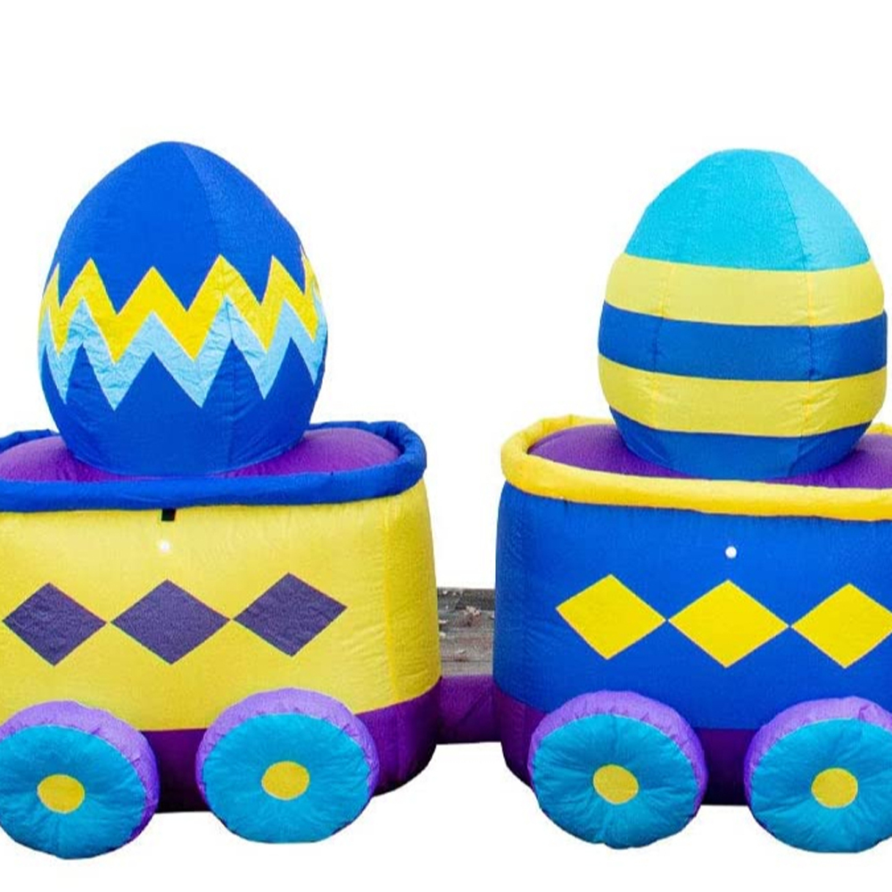 Massive Airblown Easter Inflatable Bunny Train With Carriage,Giant Blow Up 2 Eggs Car For Outdoor Holiday Yard Decoration