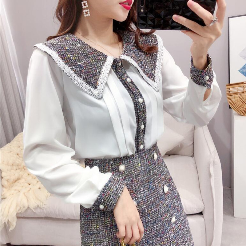 Ladies Fashion Tweed 2 Piece Set Women Autumn New Peter pan collar Stitching Chiffon Shirt and Tweed High waist Mini Skirt Sets T200325