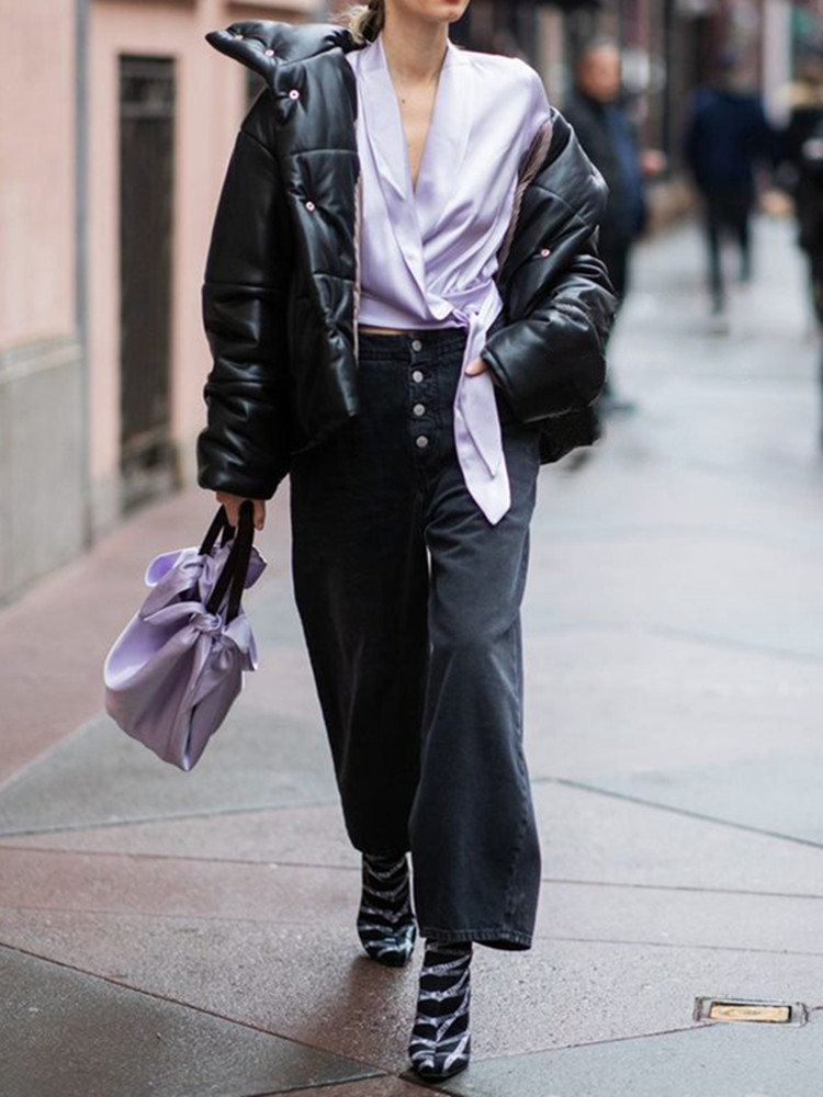 Women Black Jacket Faux Leather Turtleneck Long Sleeve Buttons Winter Female Casual Short Coat with Pockets 201029
