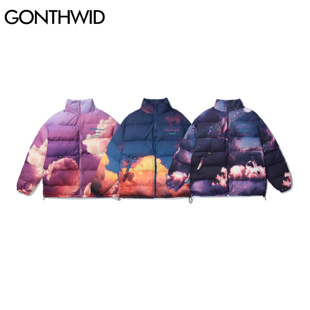 GONTHWID Cottond Padded Jackets Streetwear Hip Hop Galaxy Sunset Cloud Print Full Zip Reflective Jacket Coat Casual Tops Outwear 201214