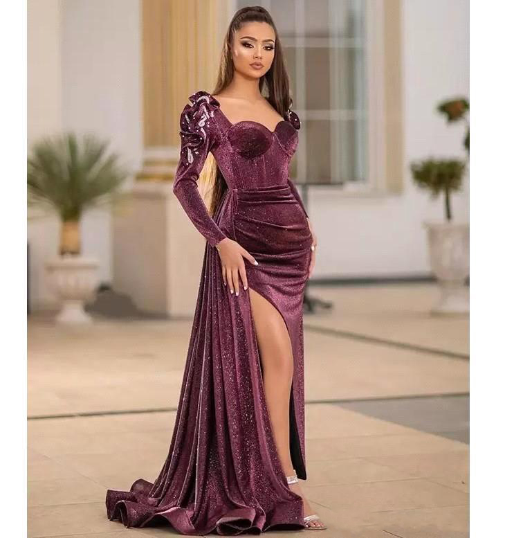 Sparkly Velvet Mermaid Evening Dresses Scoop Neck Long Sleeve Prom Gowns Plus Size Sexy Split Formal Party Dress