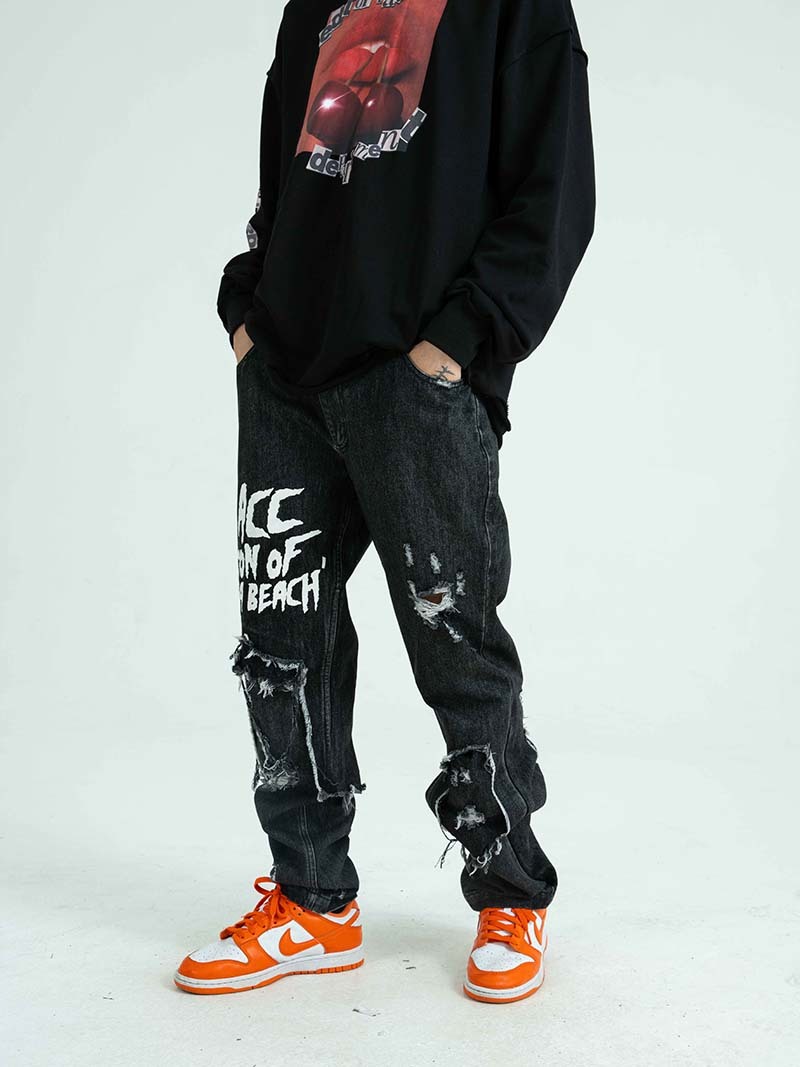 UNCLEDONJM Men's Casual Graffiti Black Jeans Men Slim Fit Ripped Distressed Jeans Denim Pants Vintage Long Trousers ED-AC18 201223