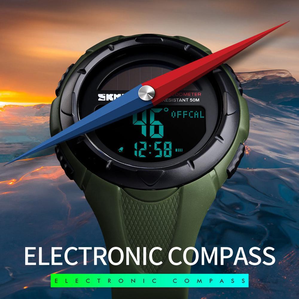 SKMEI Compass Solar Watches Mens Pedometer Calories Wristwatches Men Digital Outdoor Sport Alarm Hour Chrono reloj hombre 1488 210203