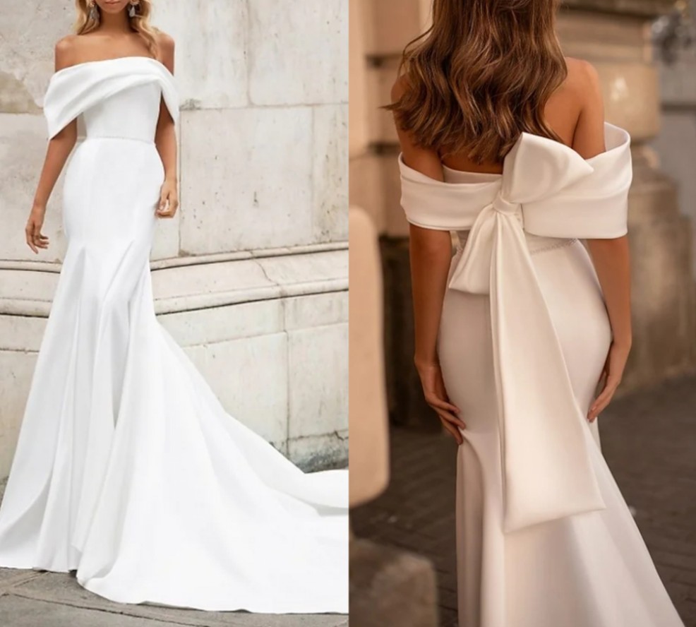 2022 Bridal Gown Trumpet Wedding Dress Off Shoulder Court Train Satin Short Sleeve Romantic Plus Size Modern with Bow Vestido De Noiva Robe De Mariage
