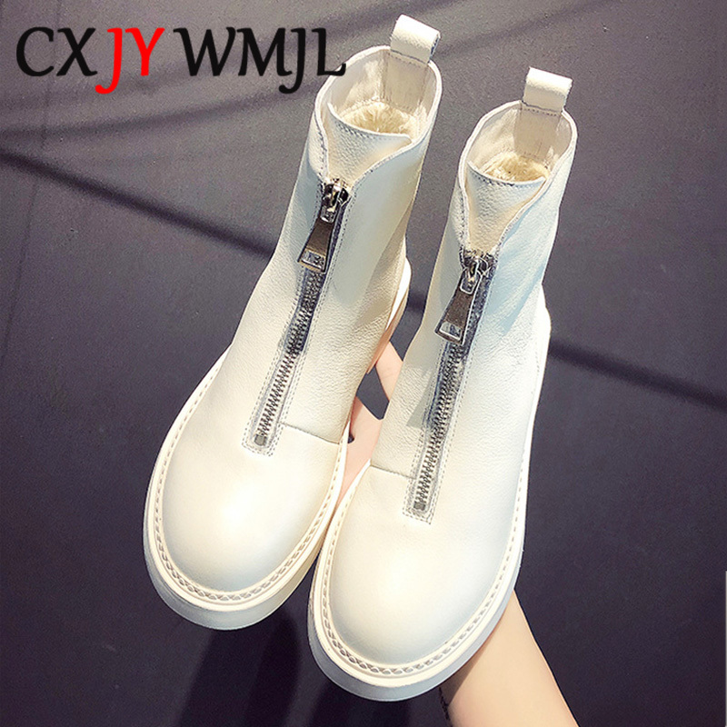Hot Sale Genuine Leather Women Boots Winter Plus Velvet Woman Shoe Fashion Female Breathable Cowhide Bootie Front Zipper Light White Boot