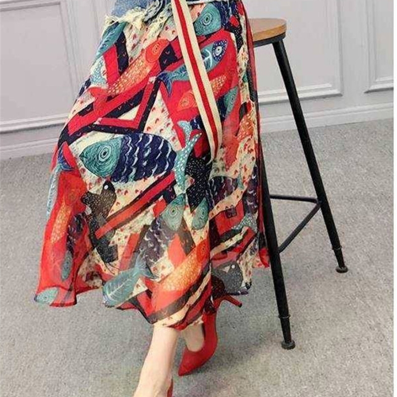 Skirts Women Style Womens Clothes Elegant Party Skirt Print Fashion Casual Summer A-line Polyester Sashes Mid-calf 220312