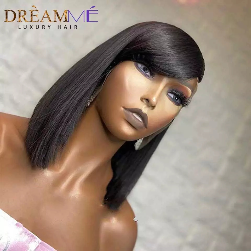 Free shipping 13X4 Lace frontal Short Straight Bob Human Hair With Bangs 150% Density Synthetic Wigs For Black Women