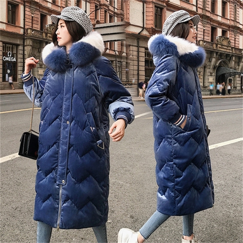Gold velvet cotton women's long section Korean version winter long down cotton padded women long over the knee coat tid 201019