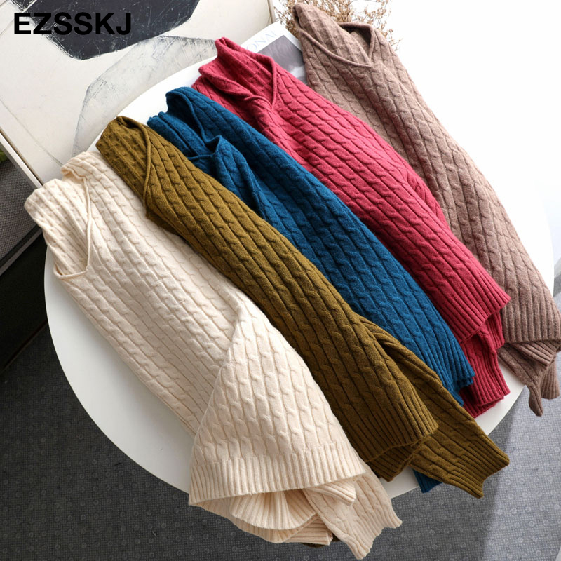 basic spring autumn soft oversize Sweater Pullovers Women v-neck Long Sleeve Knit thick Sweater Female Jumpers solid sweater 201031