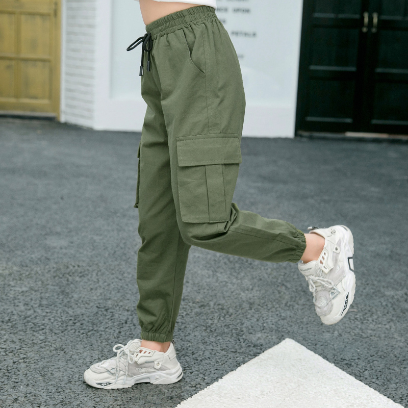 for Kids Girls Cargo Pure Color Trousers Pocket Loose Sport High Waist Elastic Children Casual Running Pants LJ201019