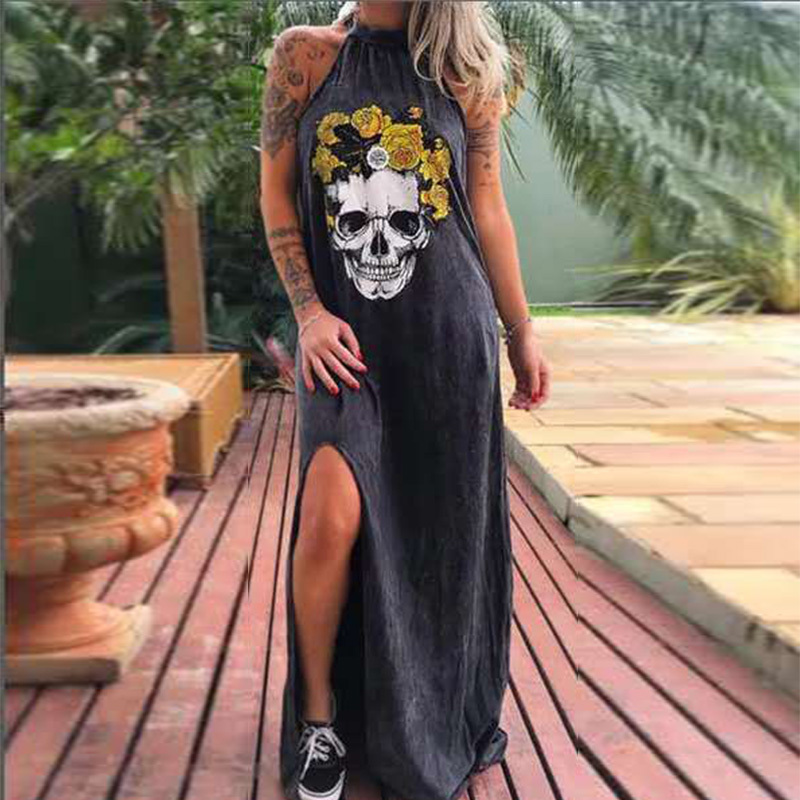 Punk Style Loose Summer Dress Women Skull Flower Print Sleeveless Long Dress Female Sexy High Slit Maxi Dress Vestidos 3XL T200603