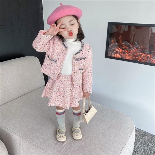 2020 Autumn New Arrival Gils Fashion Tweed 2 Pieces Suit Coat+skirt Girls Clothes Kids Clothes Y1106