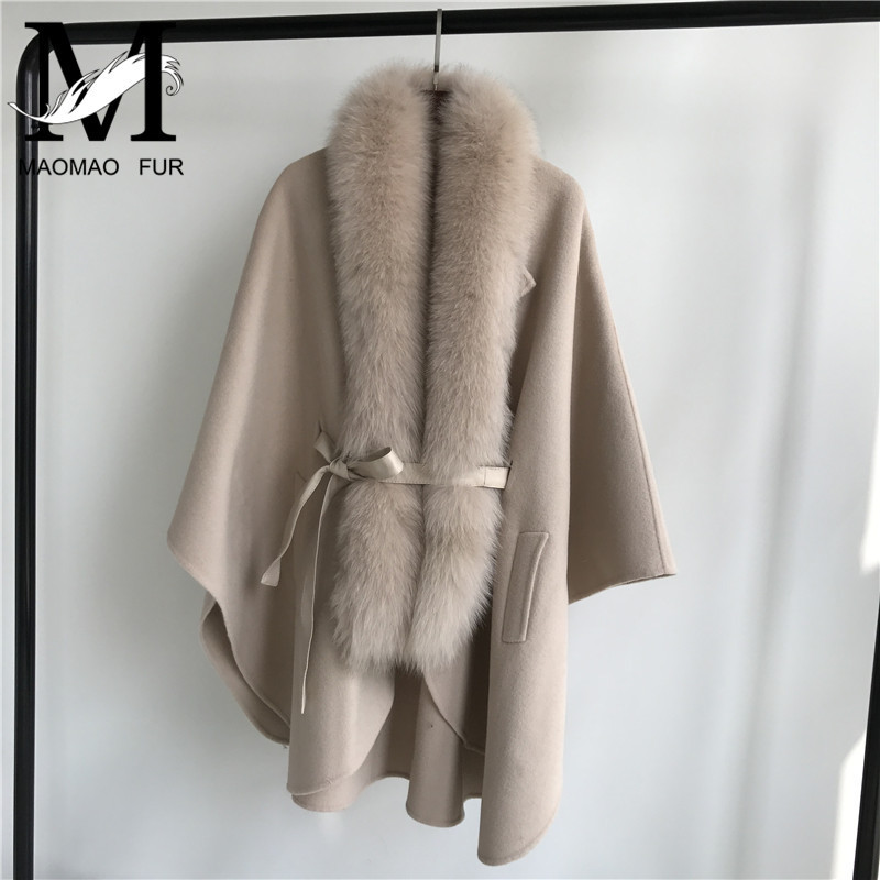 Women Cashmere Coat with Sashes Big Fox Fur Collar Fashion Women's Woolen Jacket Loose Solid Detachable Real Fur Collar Coat 201223