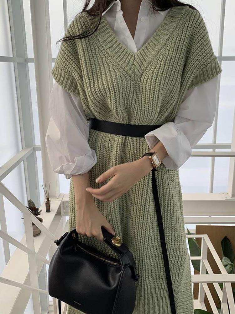 Korean 2 Piece Set All-match Turn-down Collar Loose Shirt + Chic Sashes V-neck Split Knitted Vest Dress Women New Suit, Army green
Korean 2 Piece Set All-match Turn-down Collar Loose Shirt + Chic Sashes V-neck Split Knitted Vest Dress Women New Suit, Army green