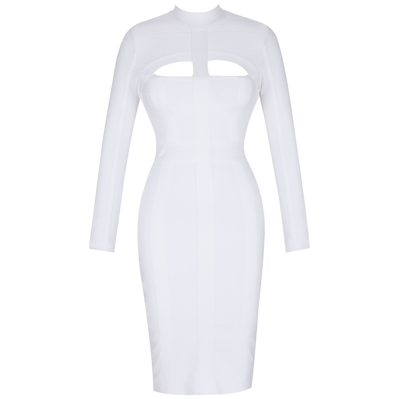 Ocstrade Women White Bandage Dress Bodycon New Arrivals Sexy Cut Out High Neck Long Sleeve Party Rayon Bandage Midi Dress T200106