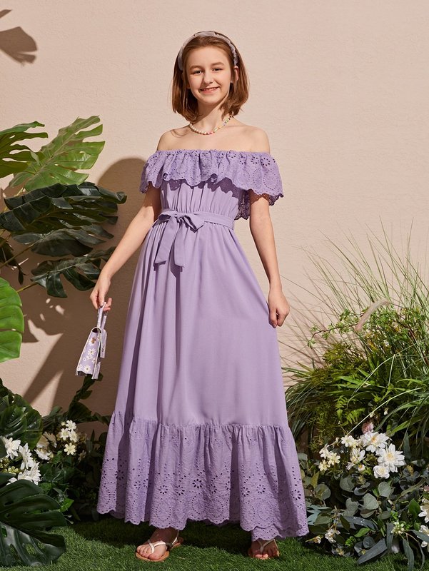 Teen Girls Schiffy Ruffle Detail Off Shoulder Belted Dress SHE