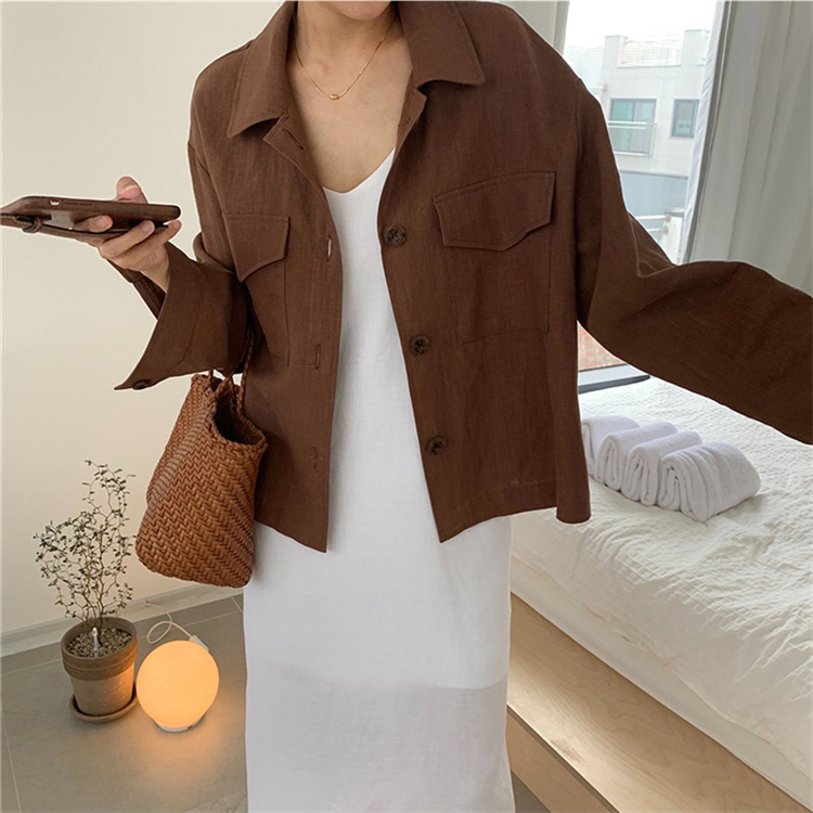 New Summer Fall Women Jacket Casual Pockets Cargo Oversize Cotton and Linen Wild Outerwear Split Buttons Short Tops JK8571 201017