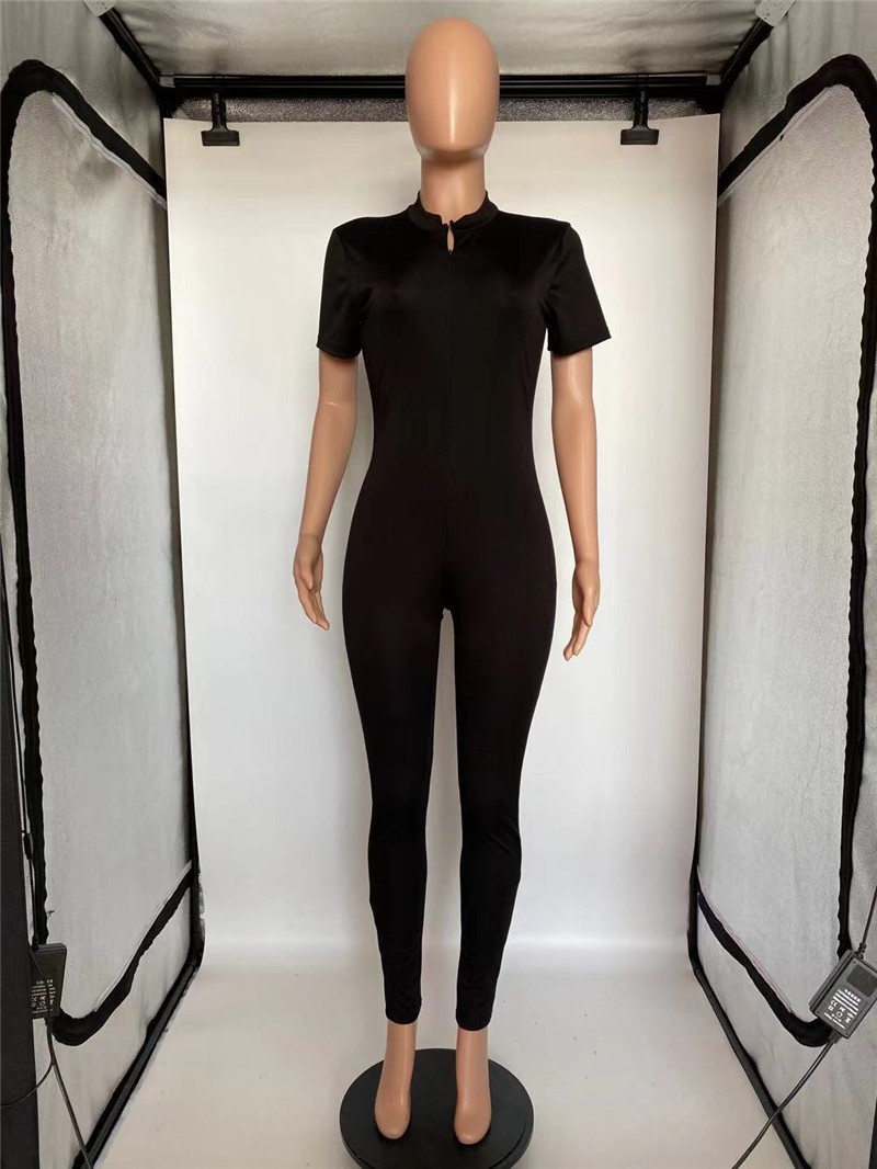 Wholesale Jumpsuits Summer Women rompers Short Sleeve Jumper Suit Solid Zipper bodycon bodysuits Casual Solid Skinny leggings Black Overalls Bulk 5710
