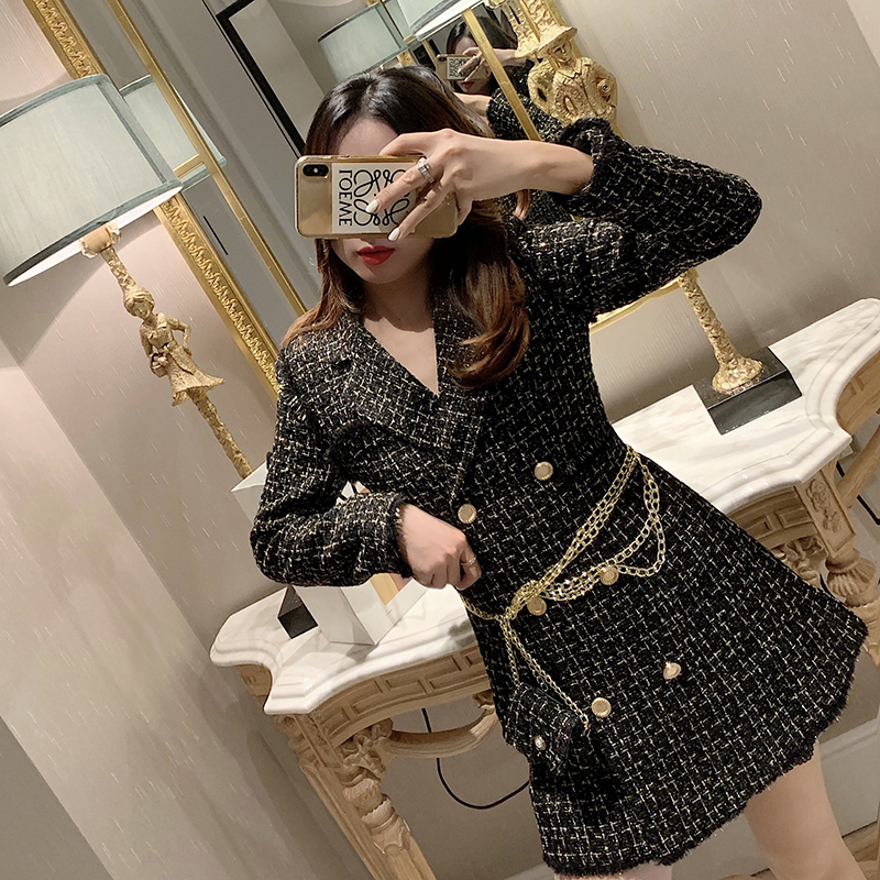 EWQ Autumn Winter Gold Thread Plaid Suit Women Notched Red Coats Feather Tassel Trim Slim Tweed Jacket With Free Belt Bag 201223